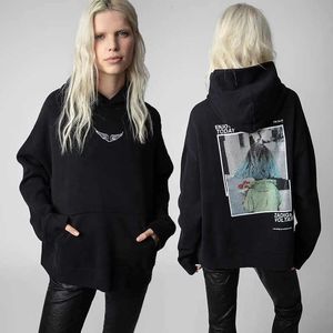 Autumn and Winter 22 New French Niche Zadig Voltaire2024 White Ink Digital Printing Girl Rose Hot Drill Fleece Hoodie Woman