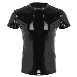 T-shirt da uomo T-shirt in pelle verniciata da uomo Top a maniche corte da uomo Estate effetto bagnato PVC Club Party Pole Dance Costume Punk lucido Tee