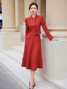 Dwuczęściowa sukienka spódniczka dla kobiet 2024 Modna biuro damskie Długie rękaw z pojedynczy piersi eleganckie liniowe spódnice stały strój