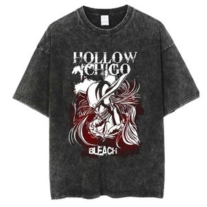 Yeni Hollow Ichigo Grafik T-Shirts Bleach Anime Tees Japon Haruku Street Giyim Vintage Yıkanmış Pamuk Tişörtleri Erkek Günlük Top