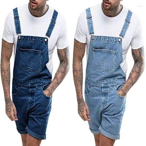 Herr jeans retro denim tvättade shorts i ett stycke overaller hängslen korta byxor