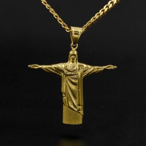 Hip Hop Cuba Chain 18k Gold Plated CZ Fully Iced-Out Rio de Janeiro Jesus Stainless Steel Pendant Necklace Mens Fashion Jewelry233w