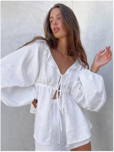 Damskie dresy białe bawełniane lniane szyk 2 -częściowe zestawy Lantern Rękaw koronki po luźnych topach i spodniach 2023 Summer Casual Vacation Beach