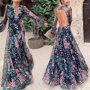 Sıradan Elbiseler Seksi Sırtsız İnce Baskı Elbise Orta bel O boyun uzun kollu fermuar aşınma 2023 Yaz Kadınlar