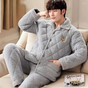 Men's Sleepwear 2024 Winter Men Three-layer Cotton Coral Velvet Pajamas Thickened Warm Nightwear Loose Loungewear Flannel V-neck