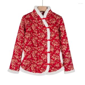 Roupas étnicas Nordeste China Imprimir Flor Algodão-Acolchoado Casaco Tang Terno Tops Plus Size Mulheres Engrossadas Jaqueta Estilo Retro Blusa 5XL