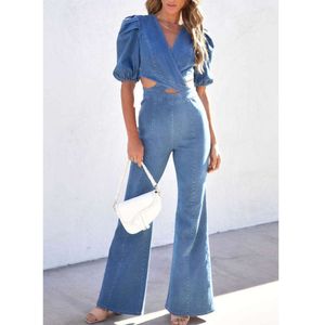 Tuta di jeans da donna vita alta mamma eleganti maniche a sbuffo pantaloni larghi Casual retrò streetwear a gamba larga 2023 nuovi jeans da donna