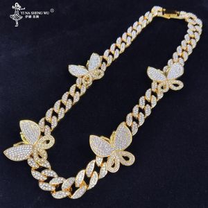 Bling Out Cz Miami Cuban Link Butterfly Charm Choker Naszyjnik Hip Hop Złote Srebrne Kolor Naszyjniki dla kobiet188x