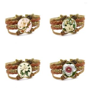 Bracciale per regalo di Natale Grande fiore di magnolia Amante del marchio Bracciale multistrato in pelle marrone Gioielli in vetro