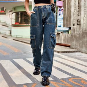 Women's Cargo Pants Loose Straight Jeans Fashion Street High Waist Multi Pockets Casual Ladies Blue Denim Trousers