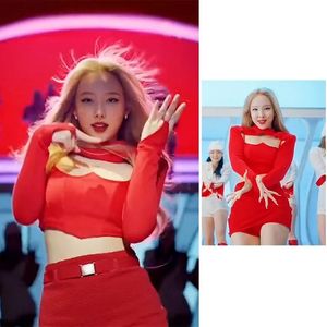 Vestido kpop duas vezes lim na yeon jazz dança vermelho sem mangas camisola topos recortados manga longa hoodies + sexy magro mini saias roupas femininas