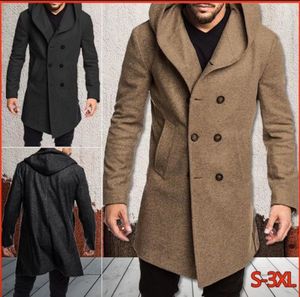 Outono inverno homens casacos longos de lã trench coats marca de moda casual botão bolsos com capuz