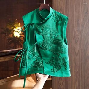 Etniska kläder kinesiska västrock broderade toppgrön nationell tidvatten tung industri waistcoat vit stork broderi svart spetsar