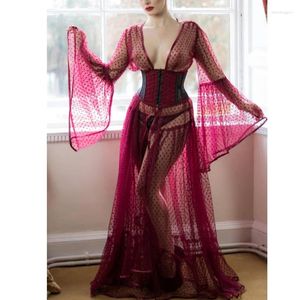 Women's Sleepwear Sexy Lingerie Ladies Red Bride Robes Kimono Robe Satin Silk Lace Night Wear Gown Pajamas