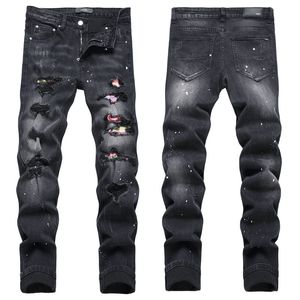 Homens jeans carta estrela am minúsculo ponto bordado retalhos rasgado sexy romântico selvagem motocicleta calça dos homens AM3531-00 tamanho 29-38