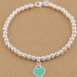 Charmarmband S925 Sterling Silver Peads Chain Armband med emalj Grenn Pink Heart for Women and Day Gift Jewelry208R