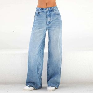 Women's Blue Jeans Fashion Casual Street Style Retro Mid Rise Wide Leg Pants Classic Loose Plus Size Ladies Denim Trousers