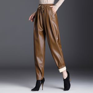 Elastic waist slimming Harlan pants, women's leather pants, plush loose radish pants, autumn and winter smoke pipe high waist wide leg casual pants