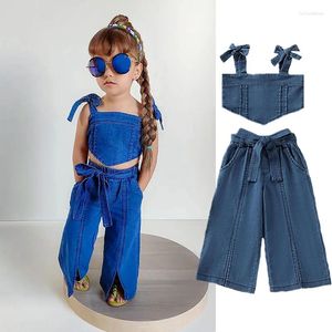 Kläderuppsättningar 2023 Summer 2 Piece Set Kids Clothes Denim Co-Ord Jeans Tracksuits Wash Blue Vintage Acubi Children Trousers for Girls 1-7Y