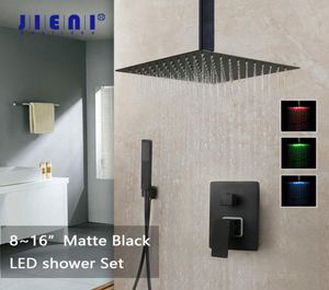 JIENI 8 12 16 Inch Black Bathroom Shower Faucet Set Ceiling Mount Black LED Shower Head Mixer Tap W Rainfall Shower Faucets Set L3160909