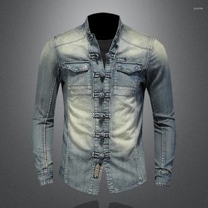 Camisas casuais masculinas camisa jeans estilo chinês pan botão gola manga longa personalidade lavada