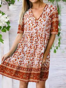 Dress Fashion Printed Mini Dress Women Summer Sundress 2022 ZANZEA Casual Short Sleeve Knee Length Vestidos Female V Neck Robe Femme