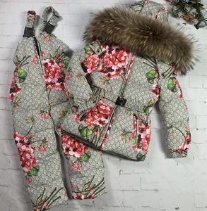 Winter Girl Down Jacket Flowers Print Real Fur Baby Girl Snowsuit 0-12 Years Kids Girl Coat Infant Jumpsuit Overalls 231229