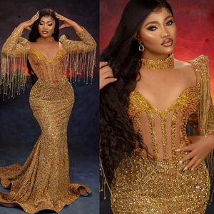 Gold Afrikanisches Arabisch Plus Size Aso Ebi Ballkleider High Neck Long Sleeves Pailletten Spitze Abend formelles Kleid Perlen Quaste Geburtstagsfeierkleider Verlobungskleid NL207