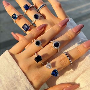 Çar Diamond Safir Tasarımcı Yüzüğü Kadın için 925 STERLING Gümüş Mavi Zirkonya Yuvarlak Sqaure Kalp Lüks Düğün Nişan Kadın Yüzükleri Takı Hediye Kutusu Boyutu 5-9