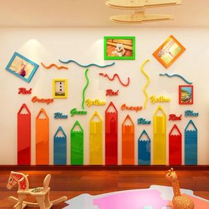 Klistermärken färgpennor tecknad 3D akrylvägg klistermärken för barn rum vardagsrum dagis ram dekoration diy konst väggdekor T20011