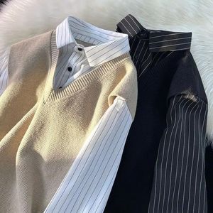 Männer Casual Hemden Gefälschte Zweiteilige Pullover Hemd Männer Koreanische Elegante Langarm Bluse Designer Hübsche High-end-Männer Patchwork Revers
