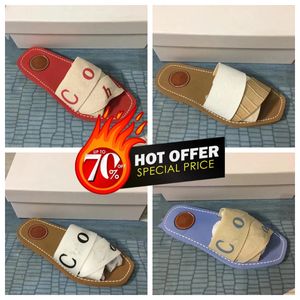 Tasarımcı Slaytlar Ch Sandles Womens Woody Sandallar Kabarık Düz Mule Bej Beyaz Pembe Yazı Tuval Terlik Eur 34-42 Ayakkabı