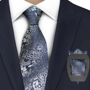 Bow Ties Classic Blue Paisley Necktie For Man Business Groom Wedding Party Fashion Silk Men's Tie With Pocket Square Set