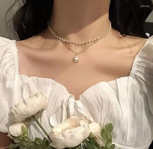 Naszyjniki wiszące online celebrytka retro ins prosta podwójna perłowa naszyjnik żeński łańcuch obojczyka na krótką szyję biżuterię.