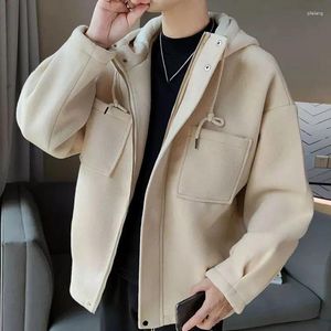 Giacche da uomo Giacca corta in lana con cappuccio con lacci da uomo Semplicità Moda Cappotto allentato bello coreano Autunno Inverno Casual Spessore caldo