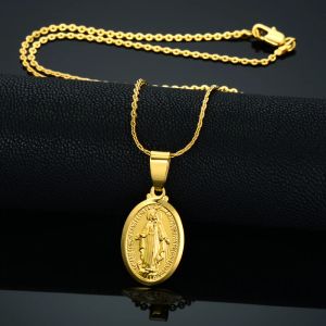 Charm Europe Style Golden Color Virgin Mary 14k قلادة قلادة ذهبية صفراء للنساء/الرجال ملحقات المجوهرات سلسلة مكتنزة ، قلادة عرقية