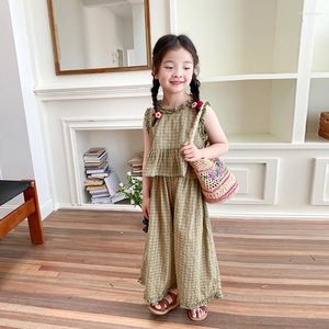 Clothing Sets 2023 Summer Western Style Two-Piece Suit Girls Short Plaid Lace Vest Doll Shirt Wide Leg Pants