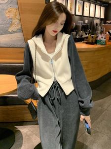 Work Dresses Autumn Casual Two Pieces Set Fashion Contrast Color Patchwork Hoodies Women Loose Grunge All Match Chic Y2k Wide Leg Trousers