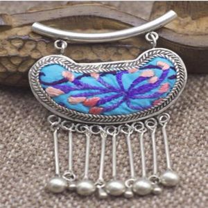 Cotton and linen style miao silver embroidery necklace female style yunnan ethnic style old embroidery piece tassel pendant long l253B