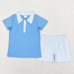 Set di abbigliamento Set di Pasqua per bambini all'ingrosso Set da bambino blu a maniche corte in cotone Polo a righe Pantaloncini per bambini Primavera Baby Boy Outfit