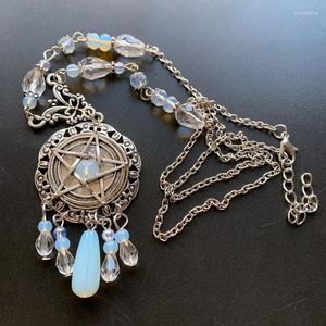 Pendant Necklaces White Opalite Stone Beads Pentagram Energy Healing Spiritual Necklace Alloy Chain Jewelry 1pc