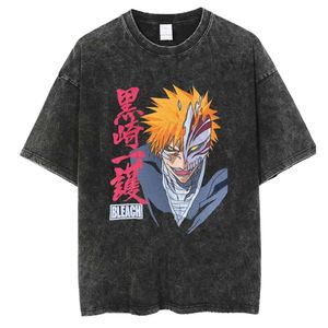 Bleach Anime T-shirts 2023 Vintage Washed Men T Shirt Kurosaki Ichigo Printed Tees Y2K Streetwear 100% Cotton Casual Tops