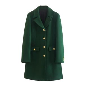 Fur WXWT Winter Casual Single Breasted Slim Wool Coat Women Green Turn Down Collar Long Jacket Outerwear Ladies Simple Overcoat