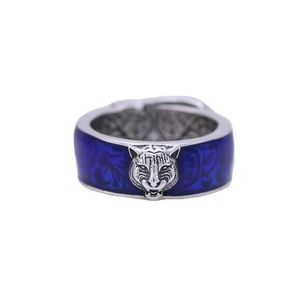 Europa och USA Retro S925 Sterling Silver Ring Men's Blue Emalj Tiger Head Ring Ladies Tiger Head Par Ring 337Y