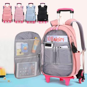 Mochila escolar para estudantes, mochila escolar multifuncional com rodinhas para crianças, carrinho, menina, à prova d'água 231229