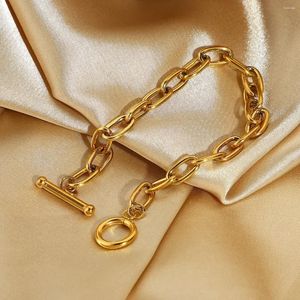 Link Bracelets Fashion 18K Gold Bracelet Paperclip OT Set Circle Gold-plated Stainless Steel Oval Chain Women