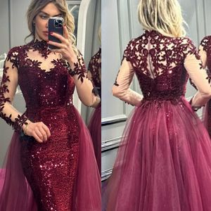 Burgundry Mother of Bride Dresses Mermaid Plus Size High Neck Long Sleeves Sequined Lace Mother's Dress with Detachable Tulle Train for Black Women Girls M148