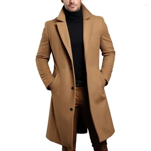 Herrgravrockar atutumn vinter lång varm ullrock för män solid färg enkelbröst lyxblandning överrockar toppar kläder