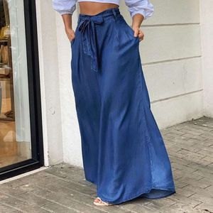 Azul feminino solto denim calças de perna larga elegante rendas até verão fino casual cintura alta halkas 2023 moda senhoras jeans