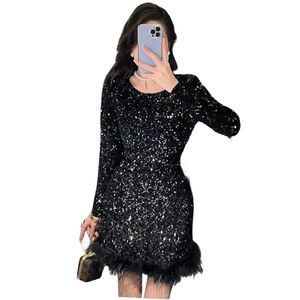 Women's o-neck long sleeve paillette sequined shinny bling feather ostrich fur bottom sexy dress SML